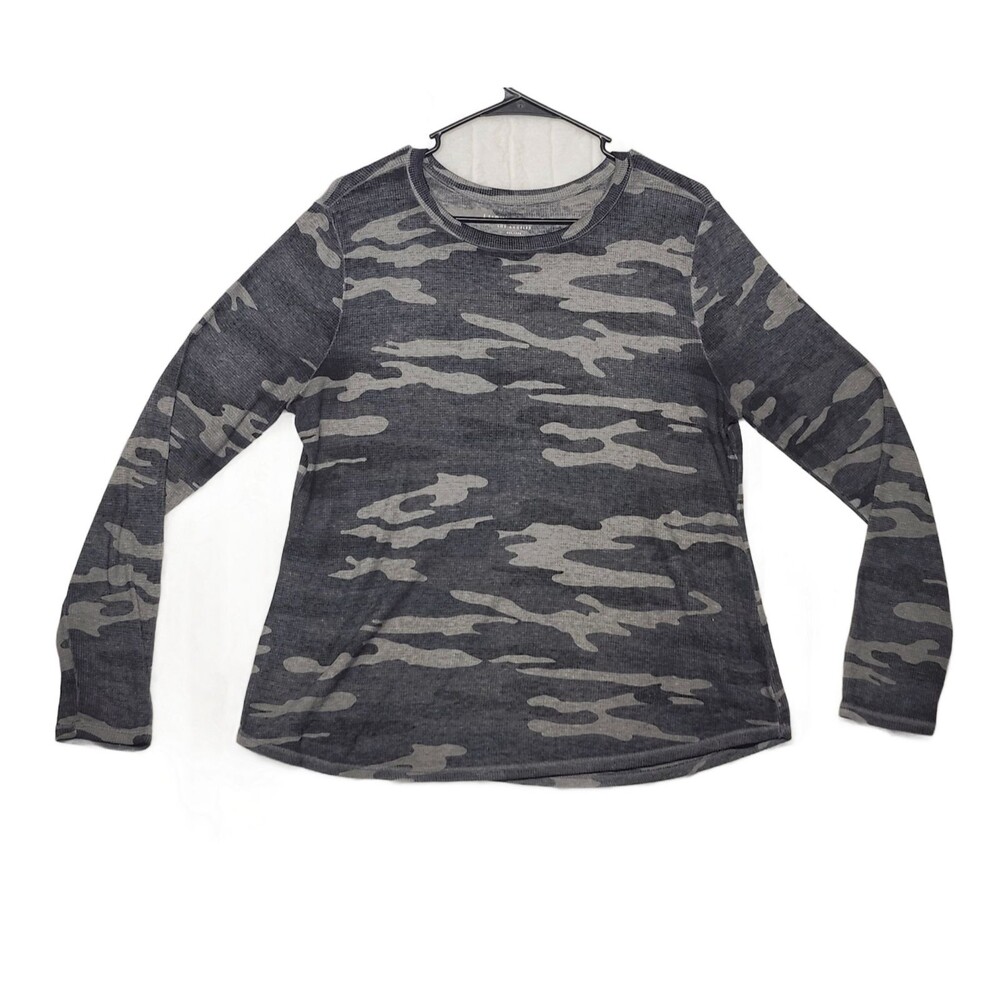 Lucky Brand Women's Gray Camouflage Waffle Knit Thermal Long Sleeve Top Size L